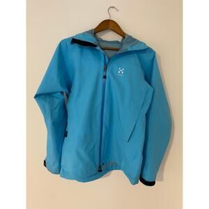 Haglofs Buteo Womens Rain Wind Jacket Outdoor Frost Blue GUC Hooded Bara Medium